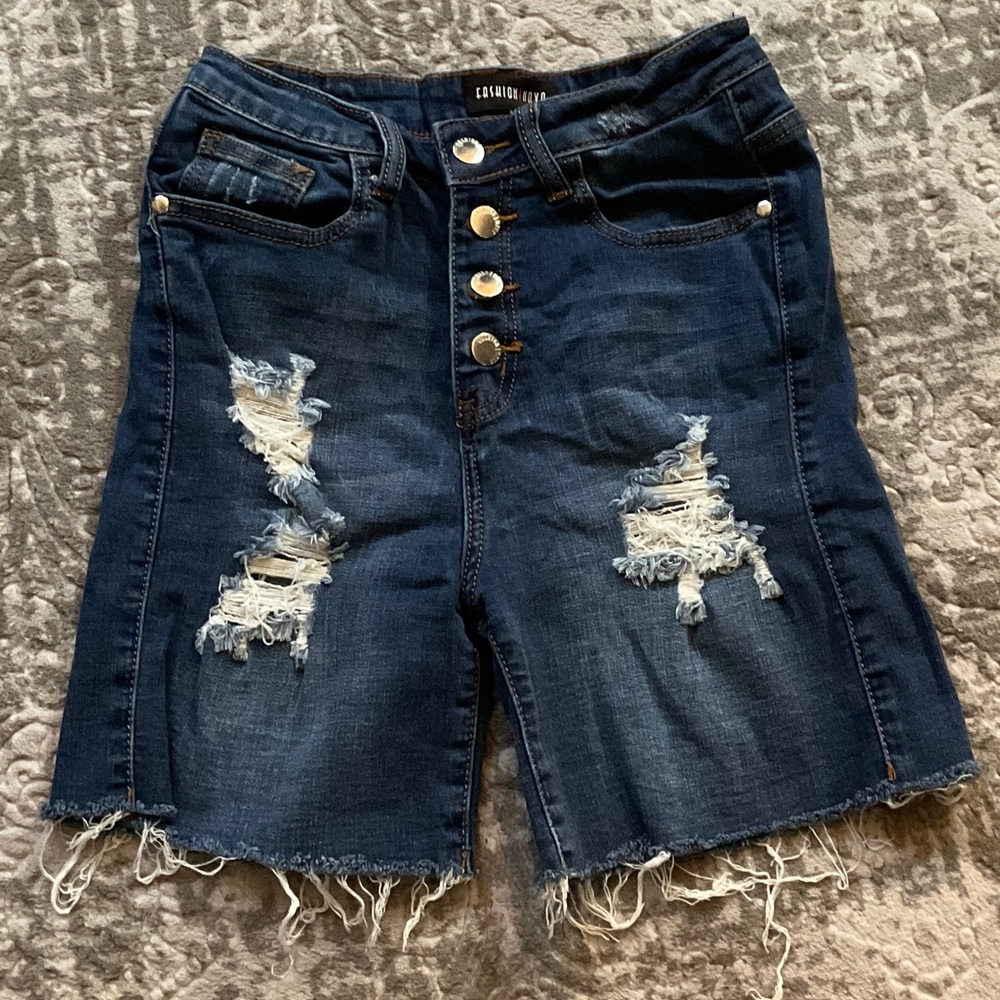 Fashion Nova Dark Blue Distressed Jean Shorts